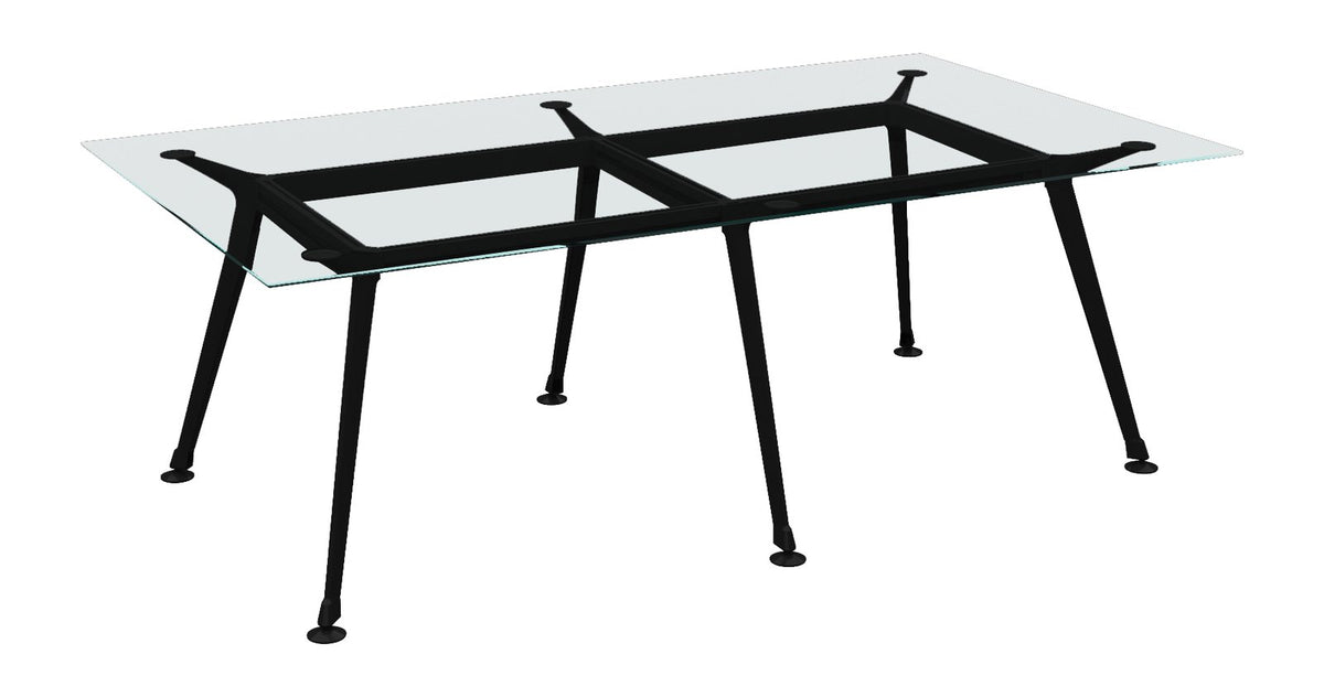 Mesa de reunión Avant de Archivos Activos rectangular con tapa de vidrio y patas negras inclinadas