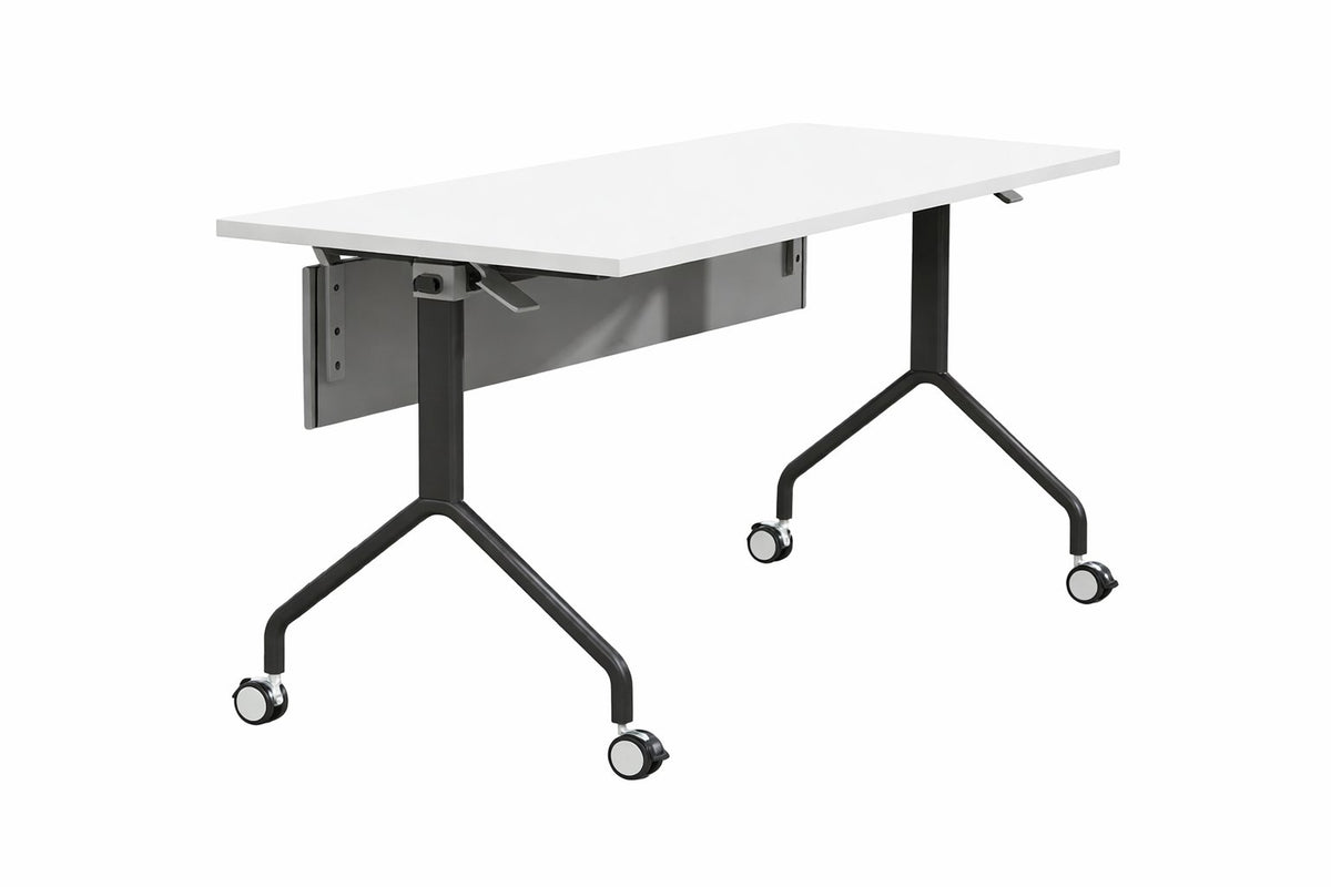 Mesa rebatible Turner de Archivos Activos abierta, tapa blanca, patas negras en Y y ruedas