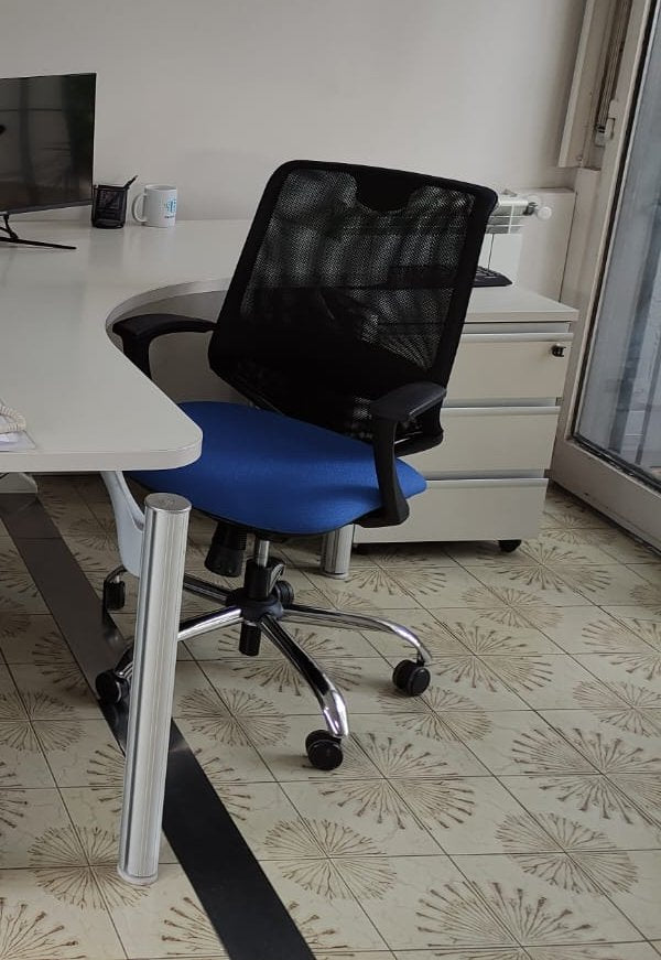 Detalle de la silla Aston Mediana de Archivos Activos con respaldo de malla negra, asiento azul y base cromada en Ertem Rivero y Partners