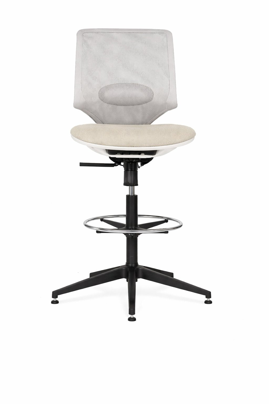 Silla cajera Aston de Archivos Activos con respaldo de red blanca, asiento beige, aro apoyapiés y base negra