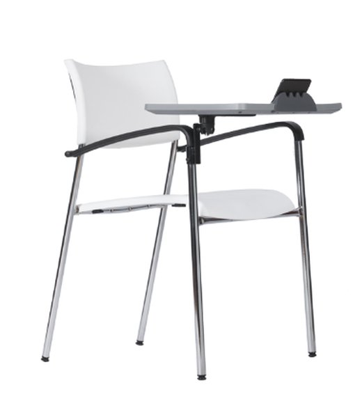 Silla de capacitación Mariner de Archivos Activos blanca con pupitre giratorio, vista de la estructura cromada