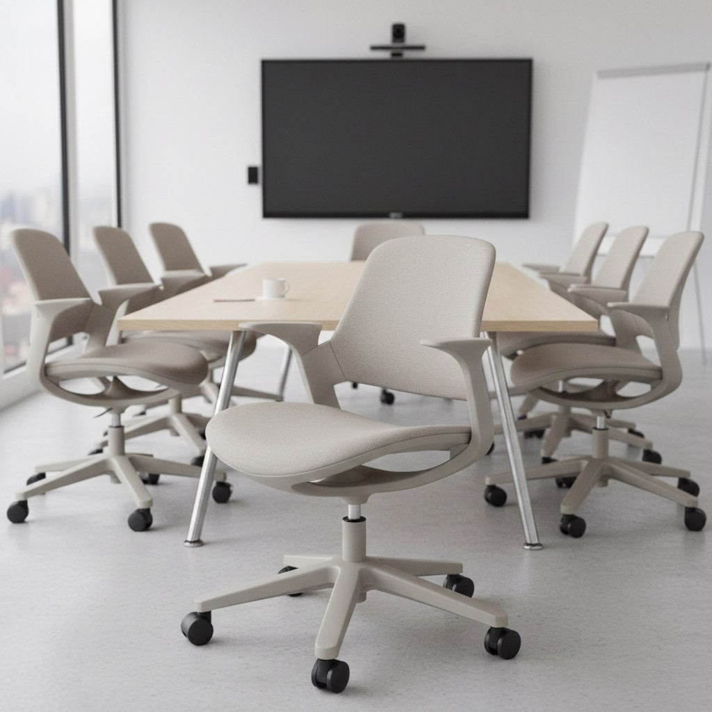 Sillas Jinbi alrededor de una mesa de reuniones, imagen ambientada