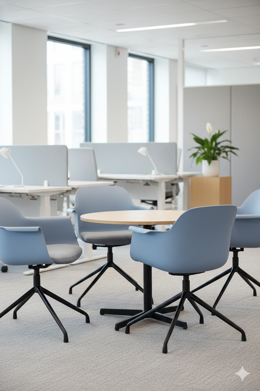 Silla de oficina ergonómica color turquesa con respaldo curvo, apoyabrazos integrados y base giratoria con ruedas sobre fondo blanco.