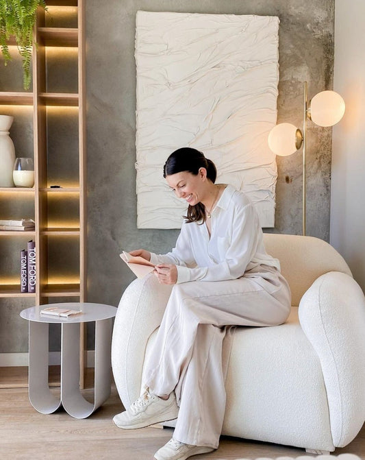 Sillón Cabsha, sillón de diseño boucle crema tapizado a medida - Tienda de Banquitos