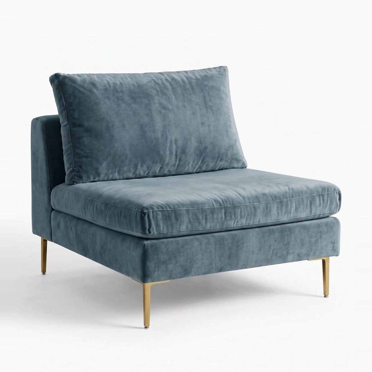 Sillón Edlyn de un cuerpo en color océano en pana antimanchas, sin apoyabrazos y con patas de aluminio dorado