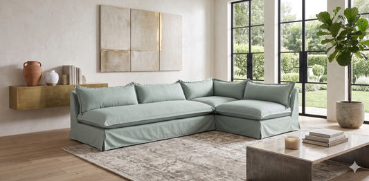 Sillón esquinero Tassa tapizado en lino gris claro – sofá en L cómodo y compacto a medida | Tienda de Banquitos