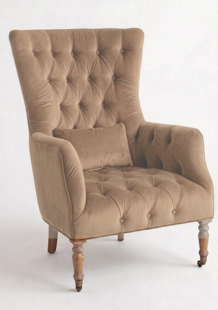Sillón Juliene de un cuerpo en pana antimanchas Latte, capitoné completo y respaldo alto