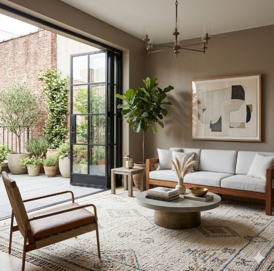 Sofá Verona de Exterior de tres cuerpos con estructura de madera tratada para intemperie, ambientado en living con vista a patio con plantas - Tienda de Banquitos