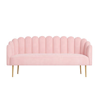 Sofá Angie de 2 o 3 cuerpos, diseño glam con respaldo curvo tipo concha y patas doradas delgadas - Tienda de Banquitos