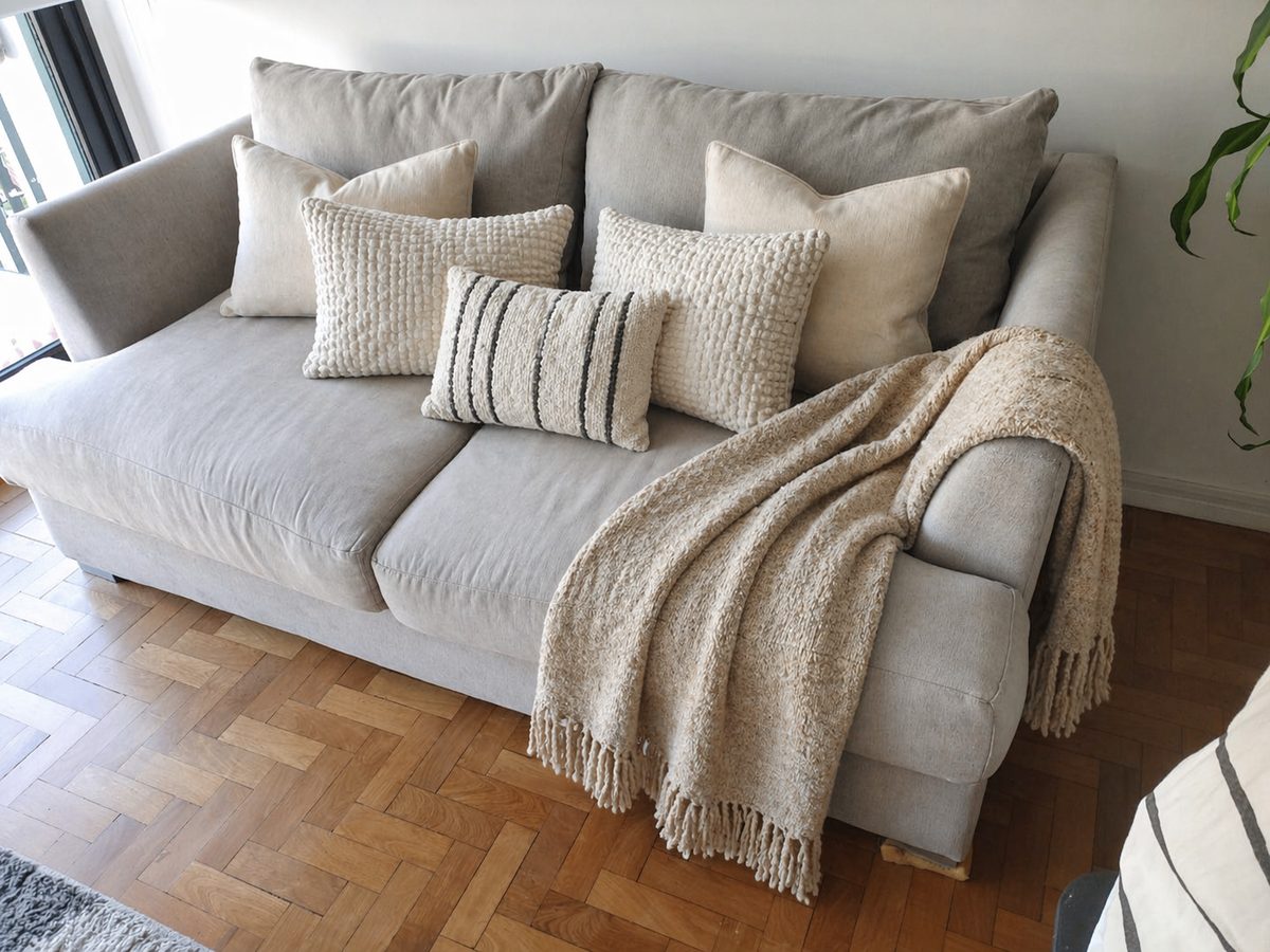 Sofá Elton gris con almohadones tejidos en tonos crudos y una manta con flecos, en el living familiar de Rubén