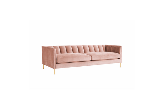 Sofá Rufina 2 o 3 cuerpos tapizado en velvet rosa, con canaletas verticales en el respaldo y patas de metal doradas - Tienda de Banquitos