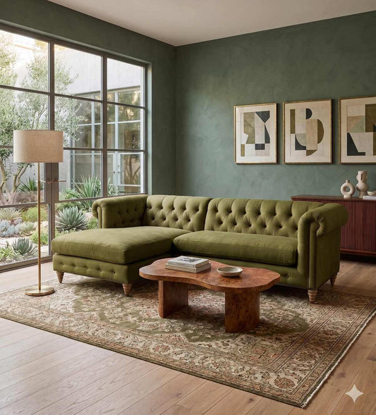 Sillón esquinero Chesterfield Capitóné – estilo señorial tapizado a medida | Tienda de Banquitos