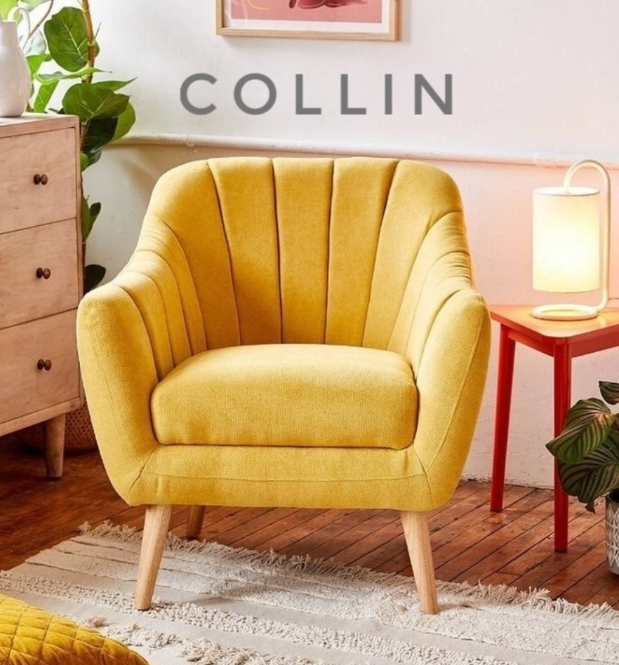 Sillón de un cuerpo modelo Collin en color amarillo, con patas de madera natural, respaldo bajo y diseño minimalista, sobre fondo blanco