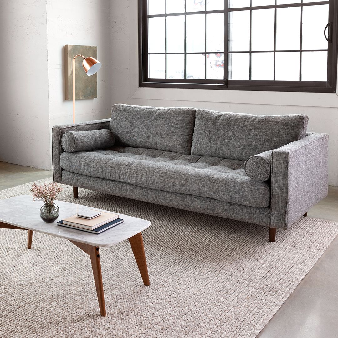 Sillón de dos y tres cuerpos con botoné en el asiento en lino antimancha color gris