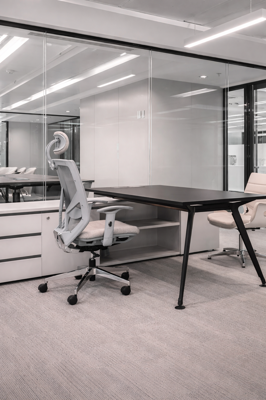 Oficina moderna equipada con escritorio, silla gerencial y sillas de atención TDB