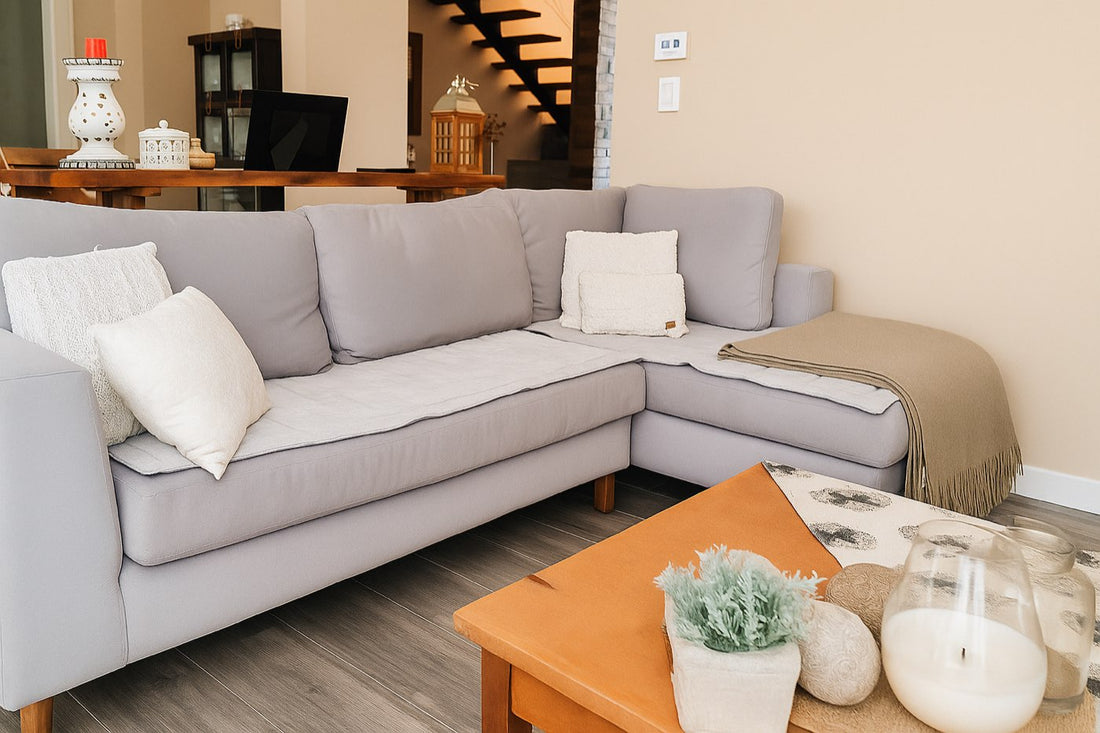 Esquinero Bélgica gris claro con dos Sillones Esmeralda beige enfrentados en el living de Valeria - Tienda de Banquitos