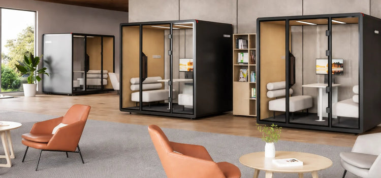 Cabinas acústicas Domo de Archivos Activos para reuniones e individuales en una oficina con sillones