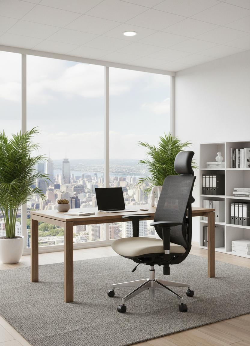 Silla gerencial de malla negra con apoyacabeza en un despacho con vista a la ciudad: sillas gerenciales Archivos Activos
