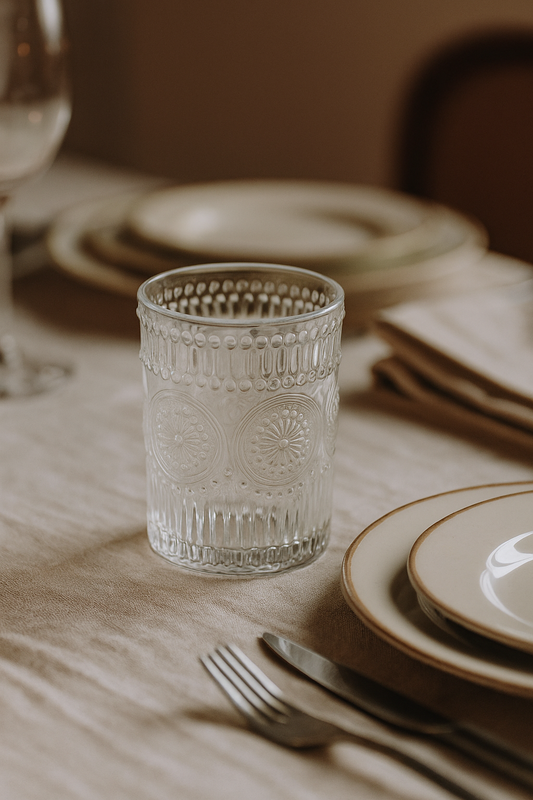 Vaso de vidrio de 295 ml labrado en una mesa con platos de fondo. El vaso se llama Sunflower 