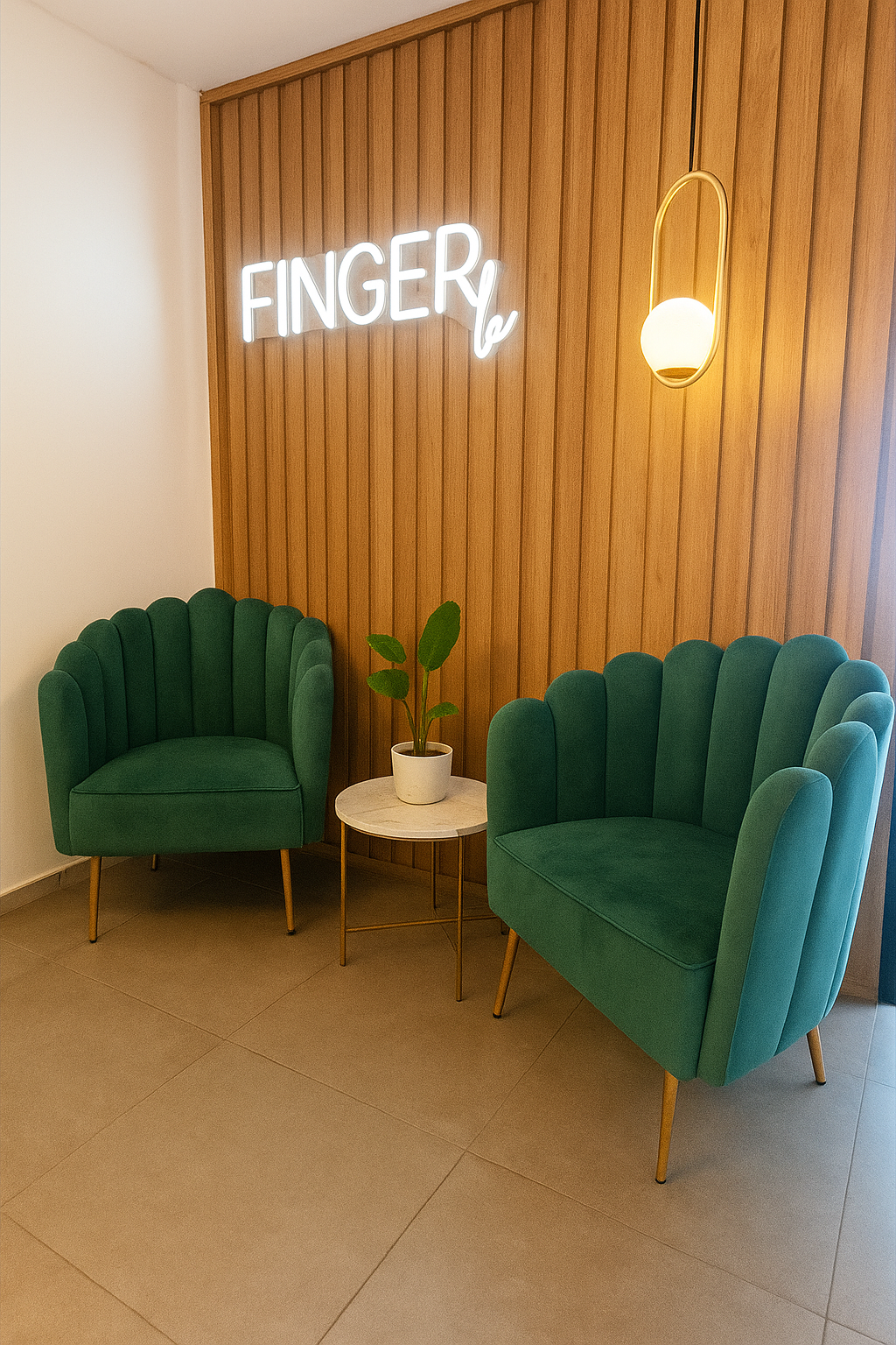 Este moderno rincón presenta dos butacas de terciopelo verde, con un diseño curvado y elegante que ofrece tanto estilo como confort. Las patas doradas de las sillas, junto con la mesa central blanca, complementan la estética contemporánea del espacio. La iluminación suave proporcionada por la lámpara colgante y el toque de la planta crean un ambiente acogedor y sofisticado, perfecto para una zona de descanso o espera.