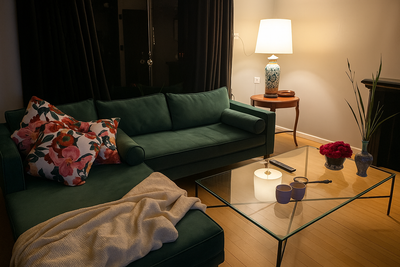 Disfruta de la comodidad y el estilo en tu hogar con este elegante sillón verde, perfecto para cualquier salón moderno. Con cojines florales que aportan un toque de color y suavidad, este sofá ofrece tanto confort como diseño. El ambiente cálido y acogedor, acentuado por una lámpara de mesa elegante y detalles decorativos, resalta la versatilidad de los sillones que ofrecemos. Ideal para quienes buscan una mezcla de funcionalidad y estética en su mobiliario.