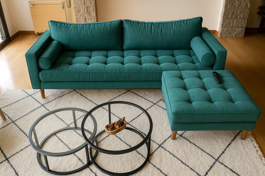 Sillón verde esmeralda con capitoné en el asiento y almohadones cilíndricos en los apoyabrazos, acompañado por un puff del mismo diseño. Se encuentra sobre una alfombra clara con líneas geométricas oscuras, en un living de estilo moderno y luminoso