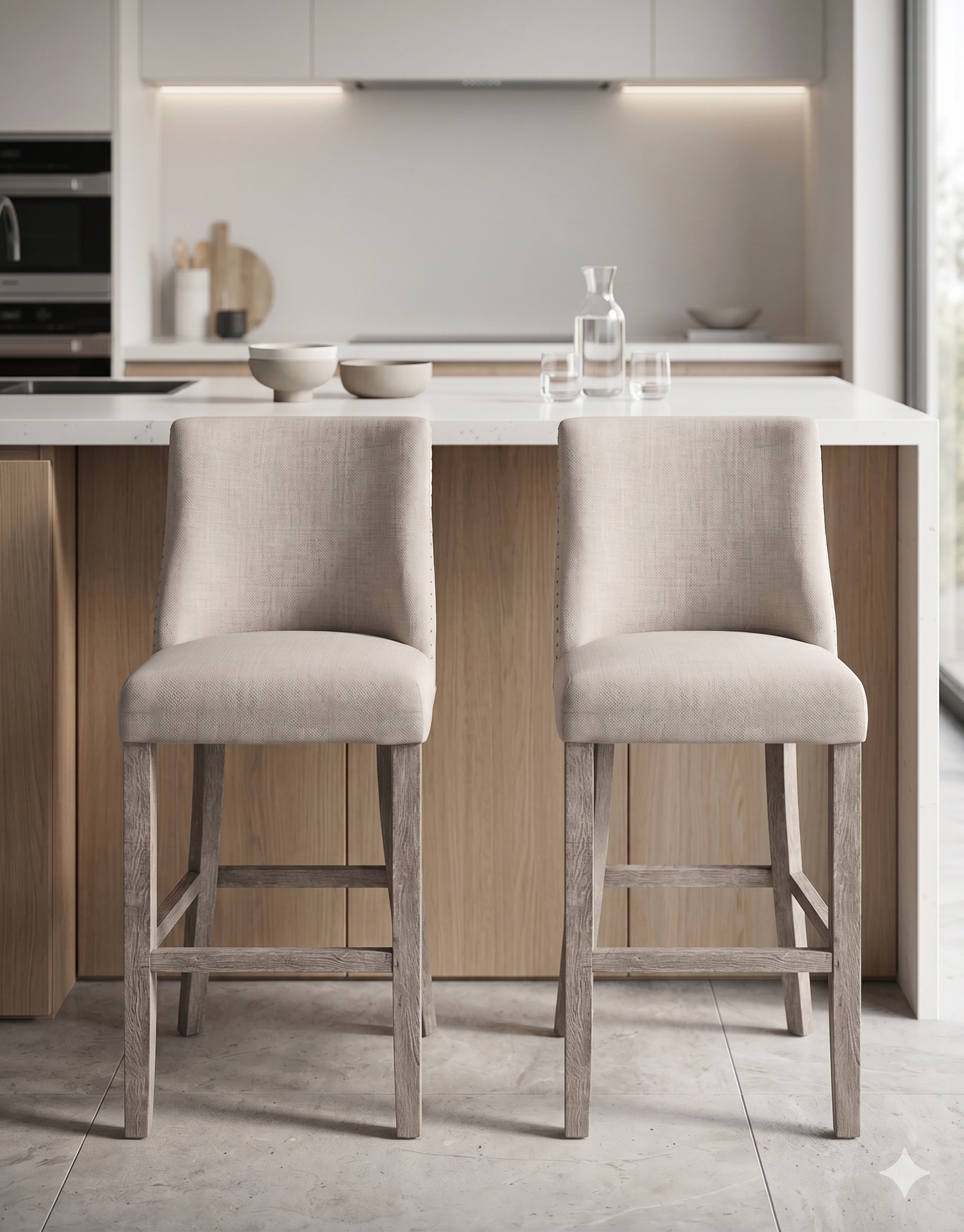 Banqueta alta de diseño contemporáneo con estructura de madera maciza en acabado natural. Presenta un asiento y respaldo integrado, tapizado en pana color claro con textura sutil. Incluye apoyapiés perimetral de madera para mayor estabilidad y confort