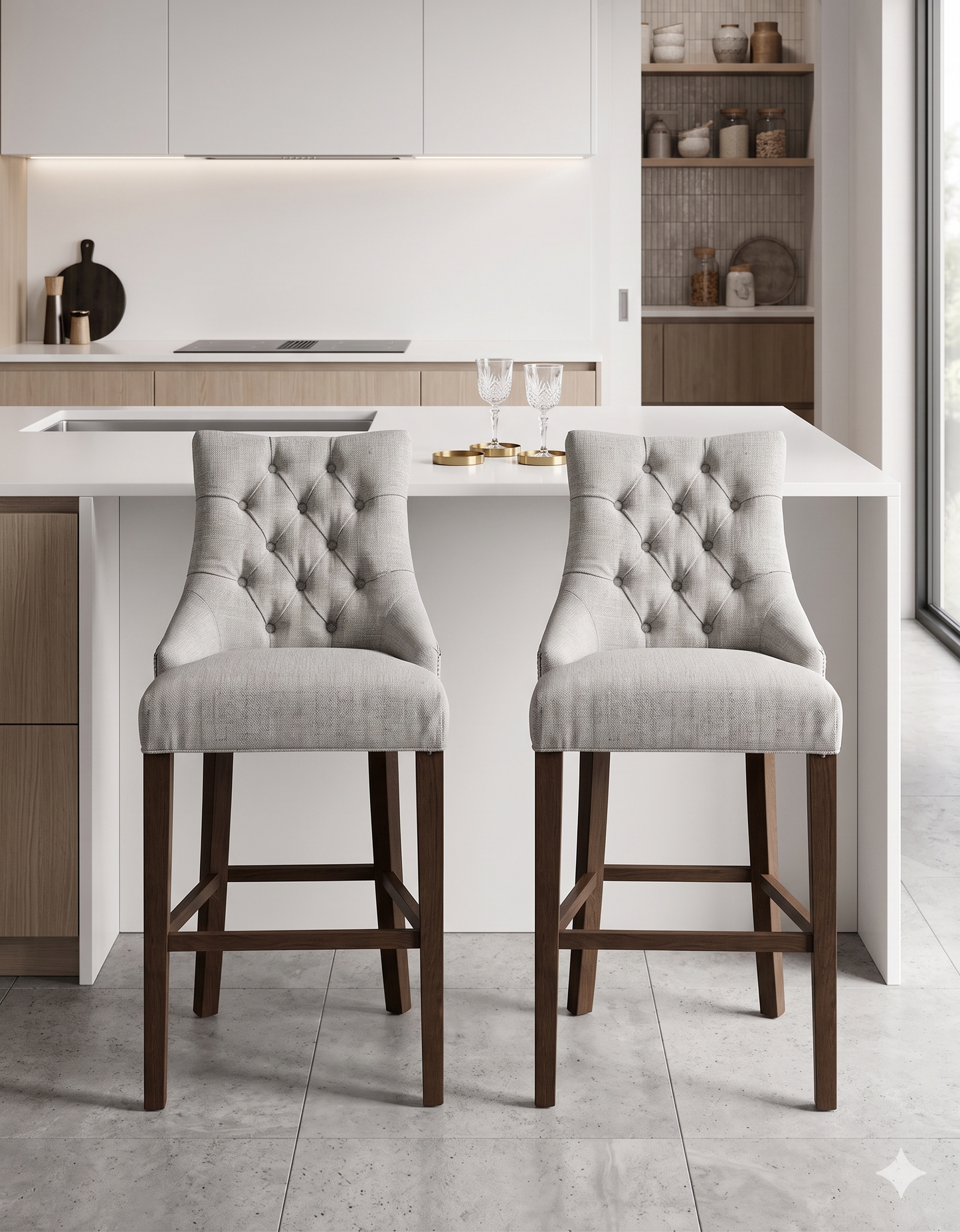 Banqueta alta de diseño contemporáneo con estructura de madera maciza en acabado natural. Presenta un asiento y respaldo integrado, tapizado en pana color claro con textura sutil. Incluye apoyapiés perimetral de madera para mayor estabilidad y confort