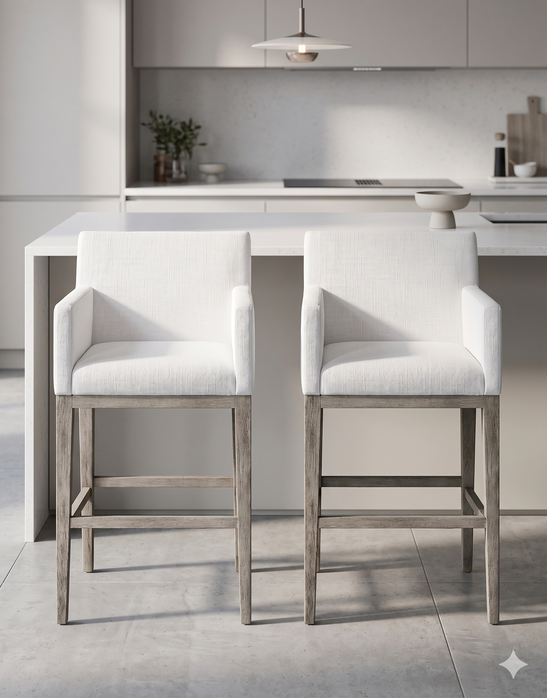 Banqueta alta de diseño contemporáneo con estructura de madera maciza en acabado natural. Presenta un asiento y respaldo integrado, tapizado en pana color claro con textura sutil. Incluye apoyapiés perimetral de madera para mayor estabilidad y confort