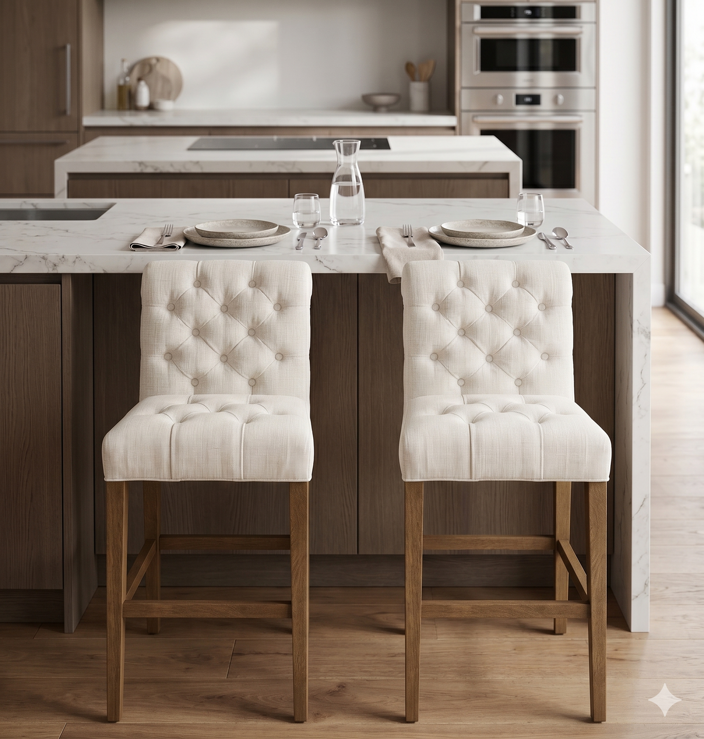 Banqueta alta de diseño contemporáneo con estructura de madera maciza en acabado natural. Presenta un asiento y respaldo integrado, tapizado en pana color claro con textura sutil. Incluye apoyapiés perimetral de madera para mayor estabilidad y confort