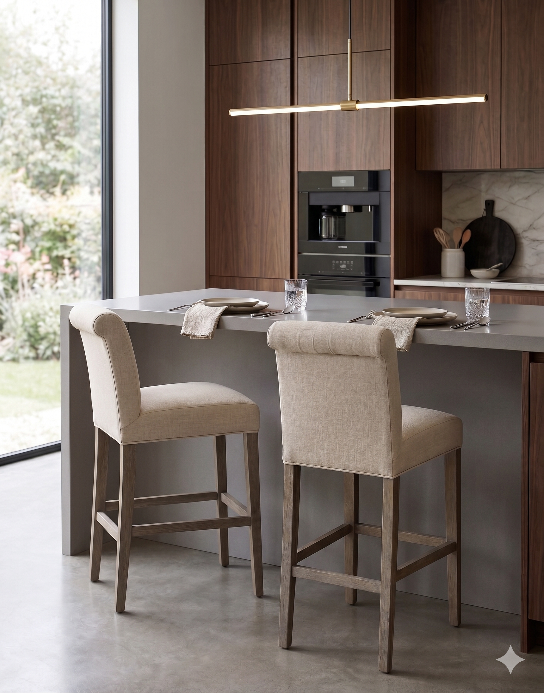 Banqueta alta de diseño contemporáneo con estructura de madera maciza en acabado natural. Presenta un asiento y respaldo integrado, tapizado en pana color claro con textura sutil. Incluye apoyapiés perimetral de madera para mayor estabilidad y confort