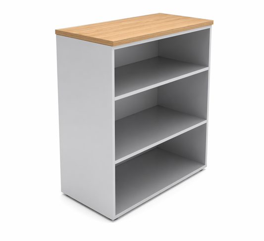 Biblioteca abierta sin puertas con estantes, ideal para organización y guardado accesible en oficinas.