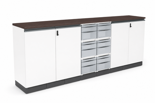 Biblioteca combinada con módulos de cajones y puertas, ideal para organización y guardado en oficinas.