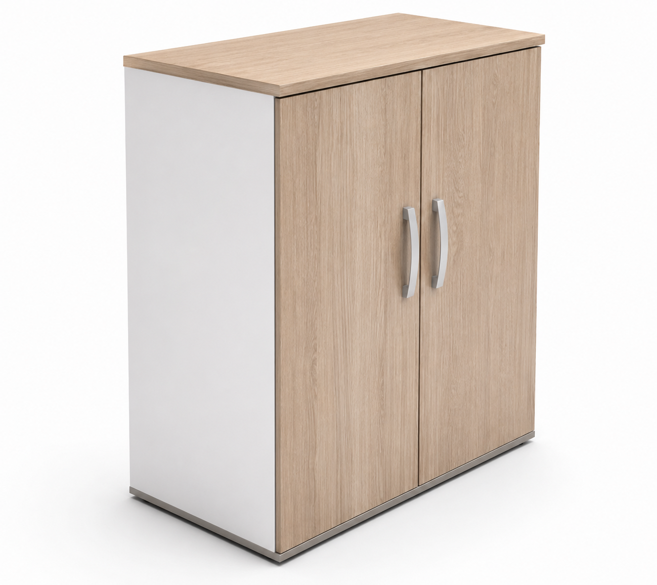 Biblioteca cerrada Tirador Tradicional con puertas de madera y tiradores metálicos, ideal para guardado en oficinas.