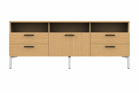 Cajonera credenza fija con cajones y espacio de apoyo, ideal para guardado organizado en oficinas.