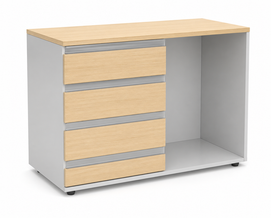 Cajonera lateral fija con cajones y espacio de guardado, ideal para organización en escritorios de oficina.