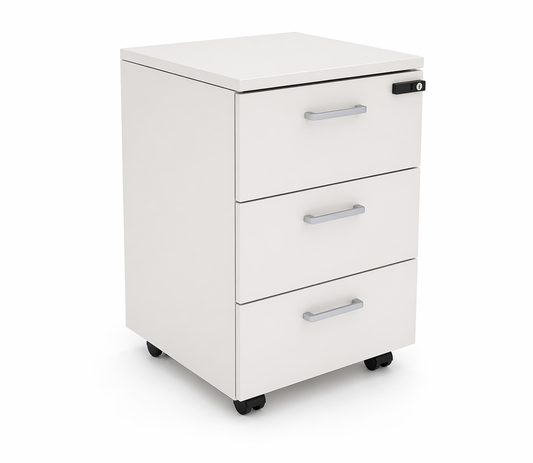 Cajonera rodado con tres cajones y ruedas, ideal para guardado práctico y movilidad en oficinas.