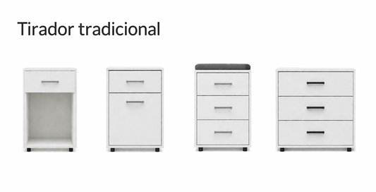 Cajoneras fijas con tiradores visibles integradas a escritorio de oficina, ideales para guardado funcional y organizado.