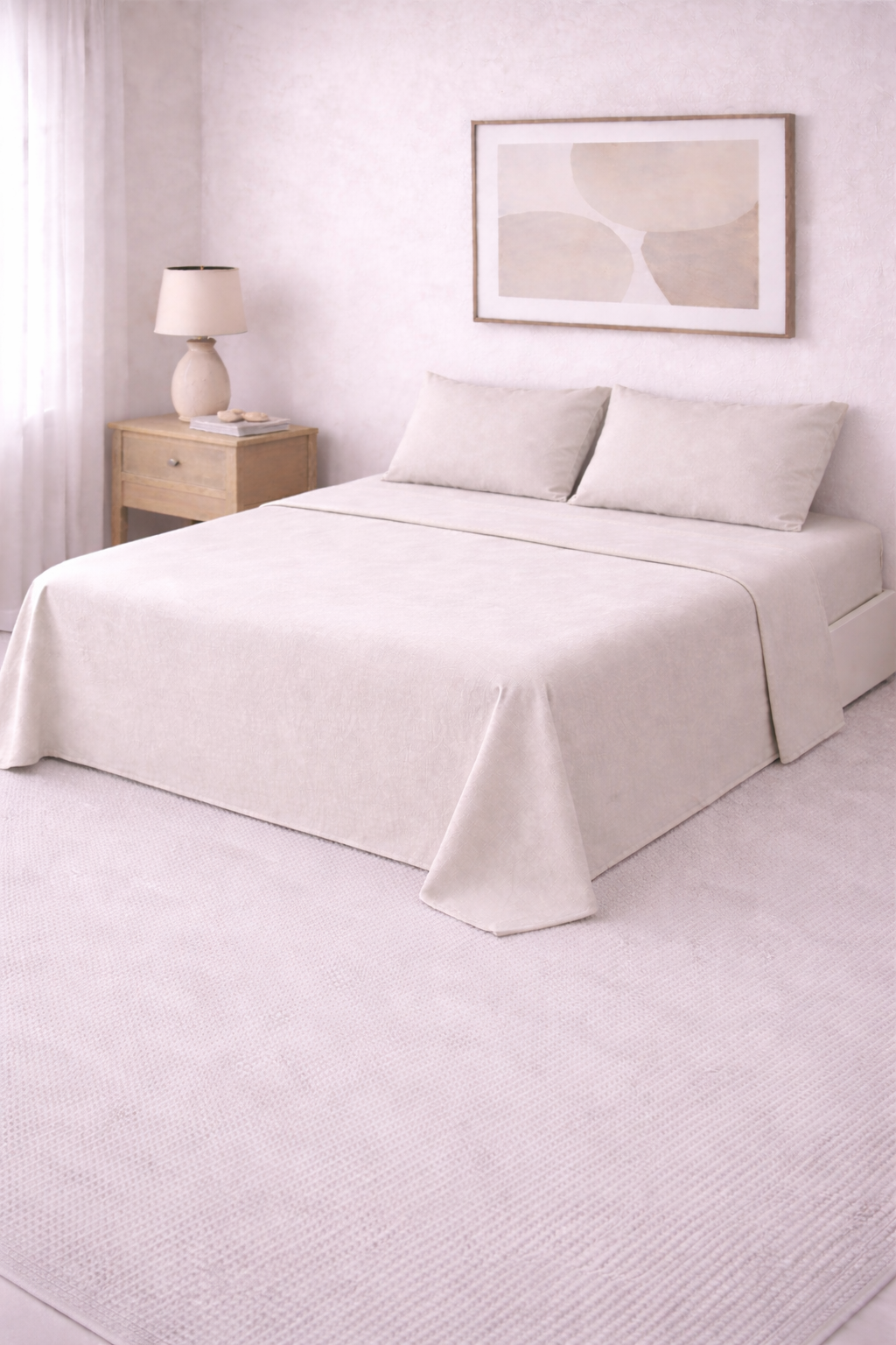 Cama de dos plazas con sábanas lisas en tono suave, prolijamente presentada en un ambiente cálido y minimalista con detalles en madera y decoración neutra.