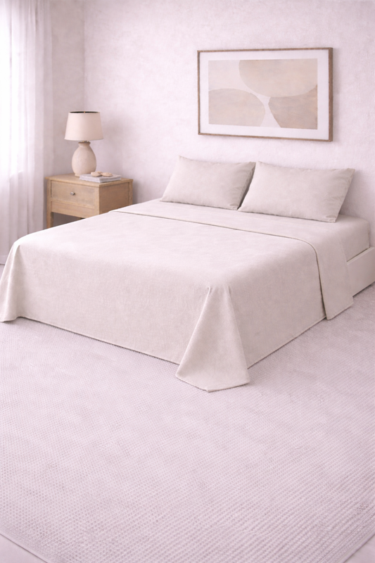 Cama de dos plazas con sábanas lisas en tono suave, prolijamente presentada en un ambiente cálido y minimalista con detalles en madera y decoración neutra.