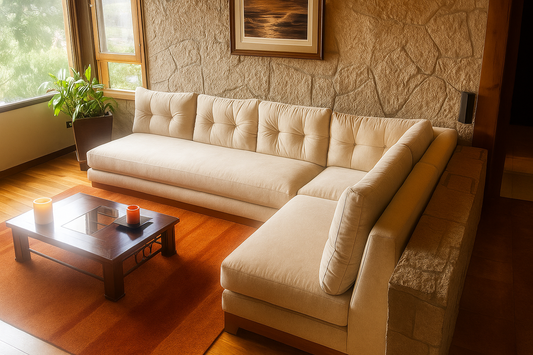 Un sillón esquinero en forma de “L” tapizado en tono beige claro, con respaldo capitoné y líneas suaves, ubicado junto a una pared de piedra. Frente a él hay una mesa baja de madera oscura sobre una alfombra anaranjada, mientras la luz natural entra por la ventana cercana, aportando calidez al ambiente.