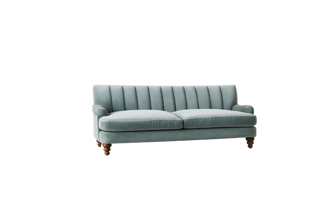 Sofá Malaika 2 o 3 cuerpos sobre fondo blanco, diseño vintage-moderno - Tienda de Banquitos