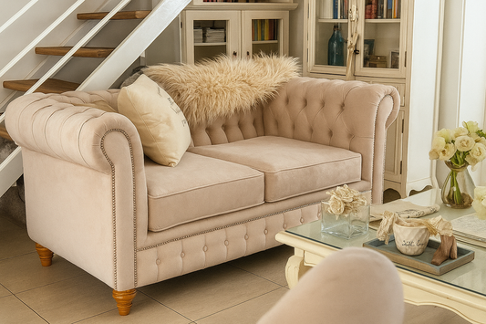 Sillón de dos cuerpos estilo Chesterfield en color beige, con respaldo y brazos capitoné, patas de madera torneadas y un almohadón decorativo claro con manta de piel sintética.