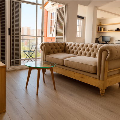 Sofá Chesterfield de tres cuerpos en color beige, con tapizado capitoné en el respaldo y apoyabrazos, base y patas de madera natural, ubicado en un living moderno con piso de madera clara.
