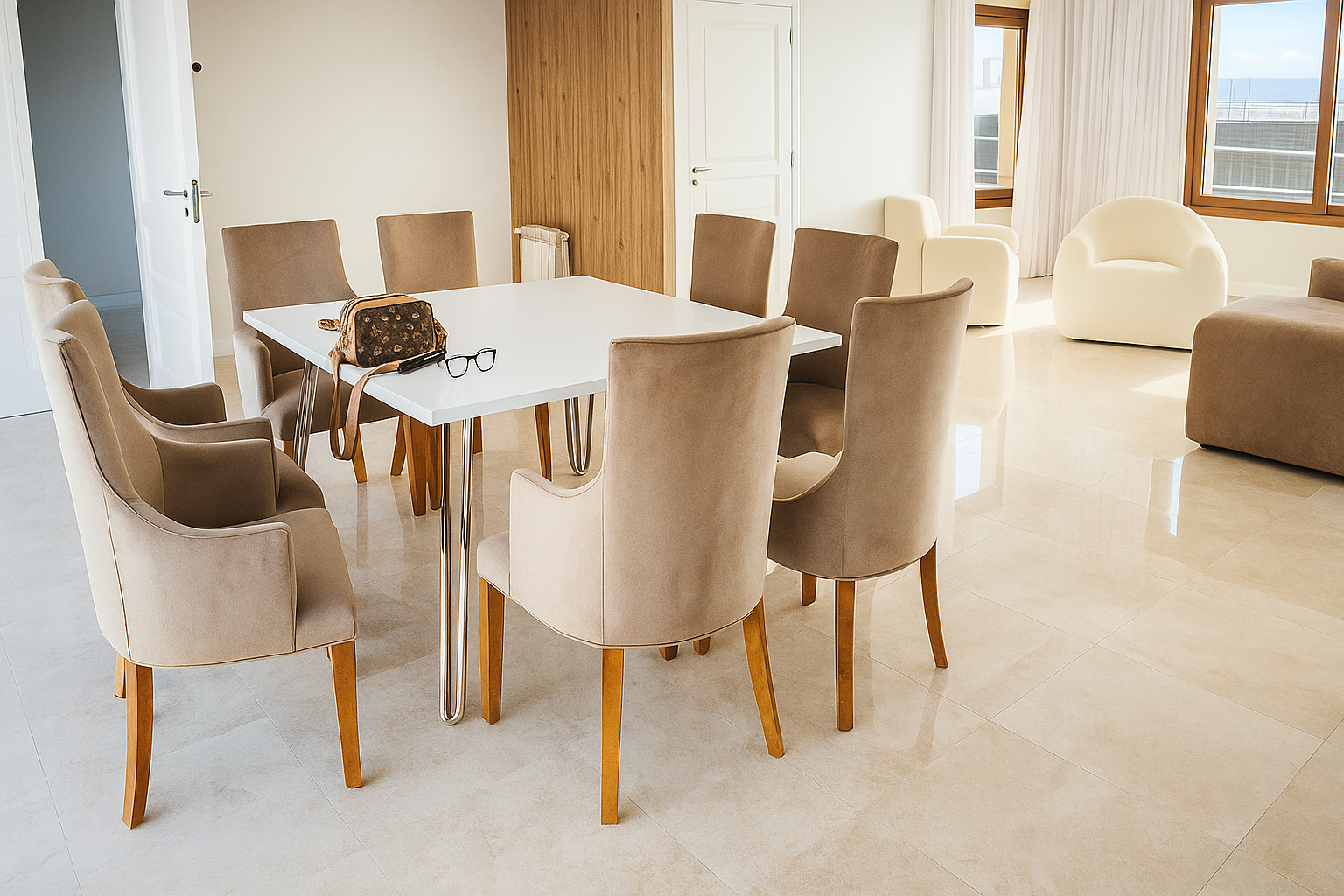 Comedor moderno con mesa rectangular blanca de patas metálicas cromadas y ocho sillas tapizadas en beige claro, sobre piso de mármol pulido y con gran entrada de luz natural.