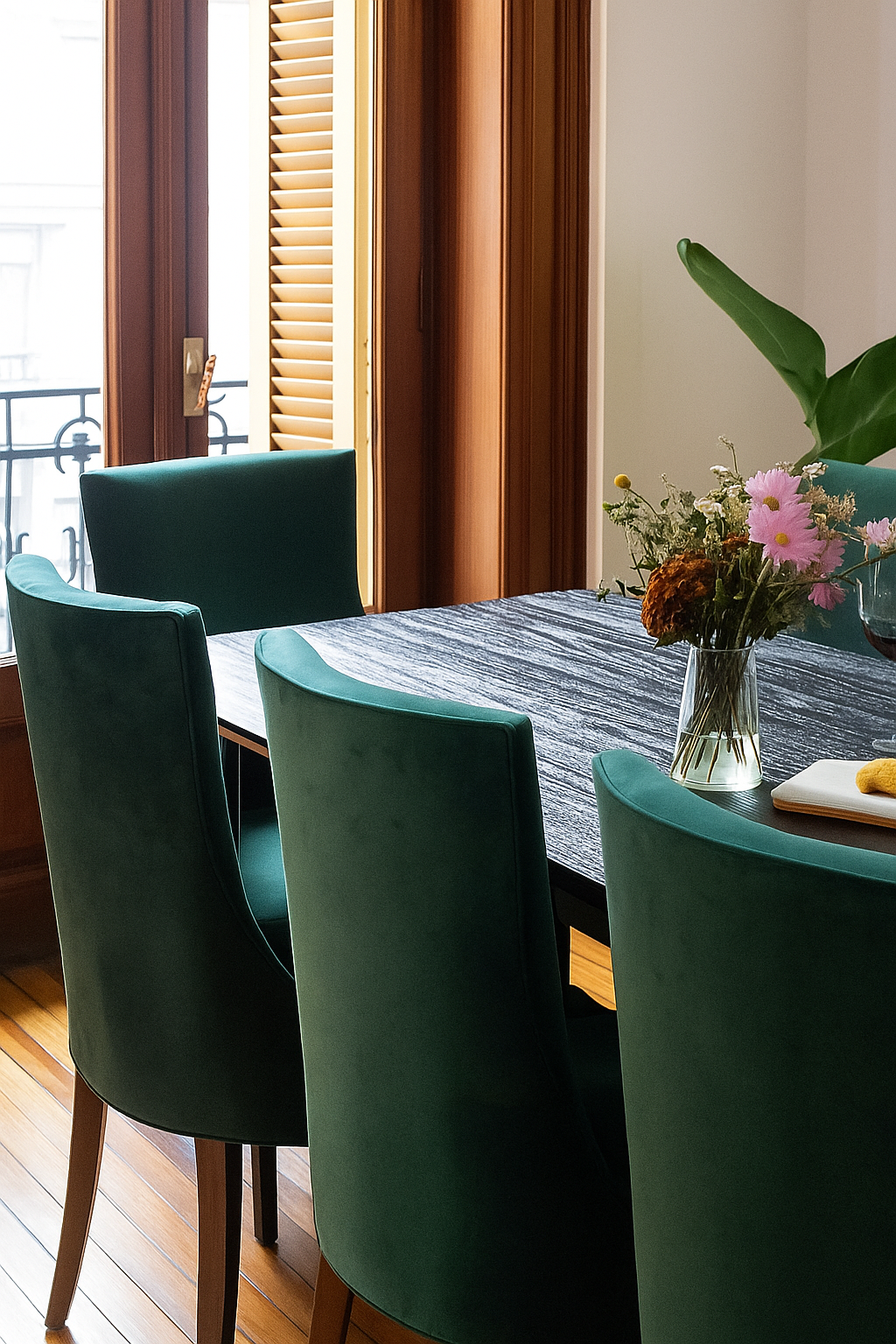 Comedor elegante con mesa rectangular de madera oscura y seis sillas de verde esmeralda, acompañado de un florero central con flores frescas e iluminado por luz natural.