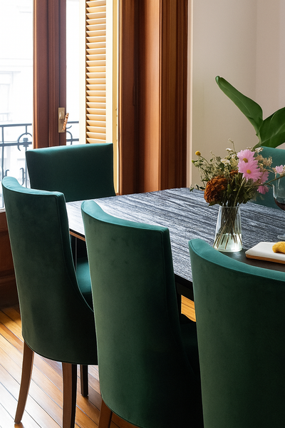 Comedor elegante con mesa rectangular de madera oscura y seis sillas de verde esmeralda, acompañado de un florero central con flores frescas e iluminado por luz natural.