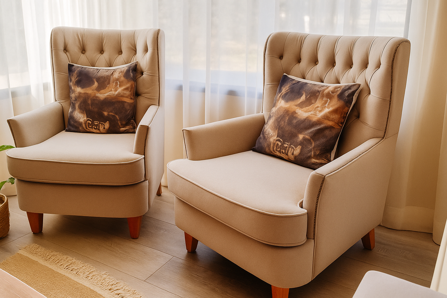 Dos sillones individuales tapizados en tono beige con respaldo capitoné y apoyabrazos rectos, decorados con almohadones estampados en tonos oscuros, ubicados junto a un ventanal con cortinas claras que dejan entrar la luz natural