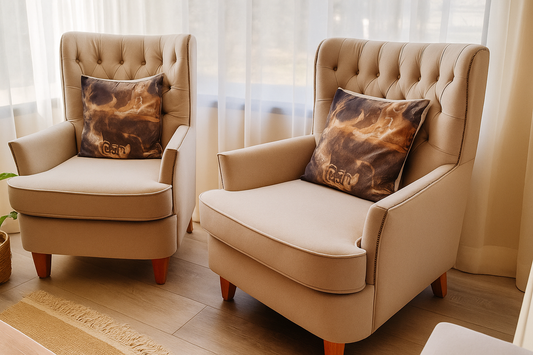 Dos sillones individuales tapizados en tono beige con respaldo capitoné y apoyabrazos rectos, decorados con almohadones estampados en tonos oscuros, ubicados junto a un ventanal con cortinas claras que dejan entrar la luz natural