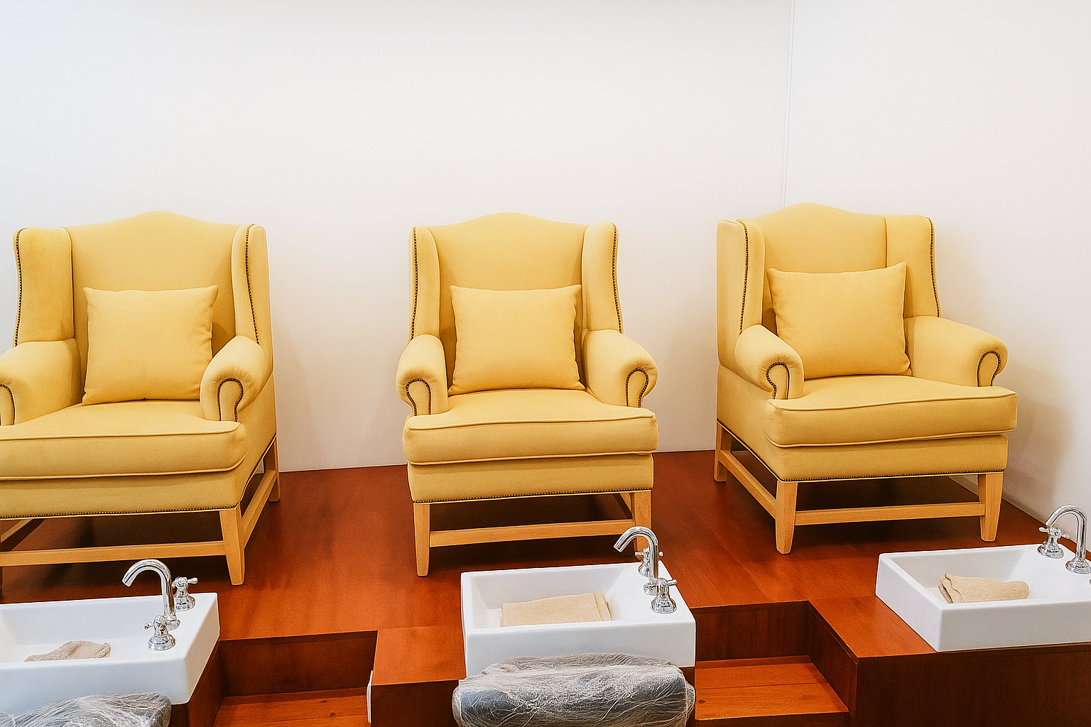 Conjunto de tres sillones altos de respaldo capitoné en color amarillo mostaza, colocados en fila sobre una tarima de madera. Cada uno cuenta con un almohadón a juego que refuerza la comodidad y aporta un aire estético y acogedor al espacio